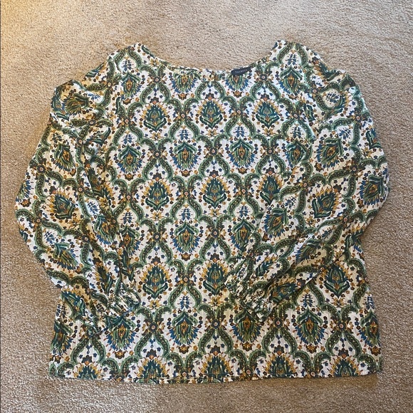 Talbots Floral Lattice Cotton Print Blouse Green Metallic Gold Size LARGE 2023 - Picture 2 of 11